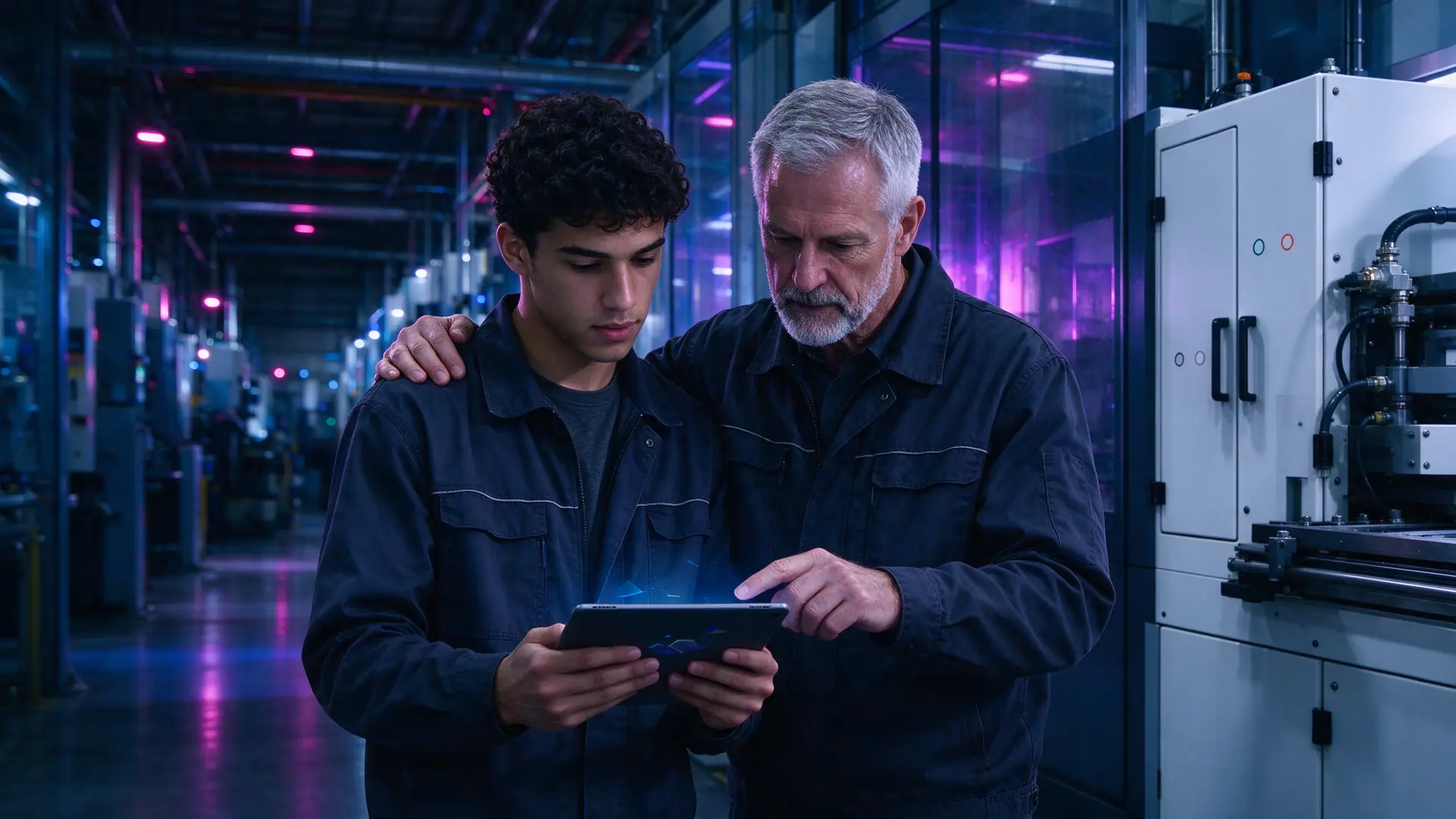 Un jeune alternant et son tuteur consultent une tablette dans un atelier industriel