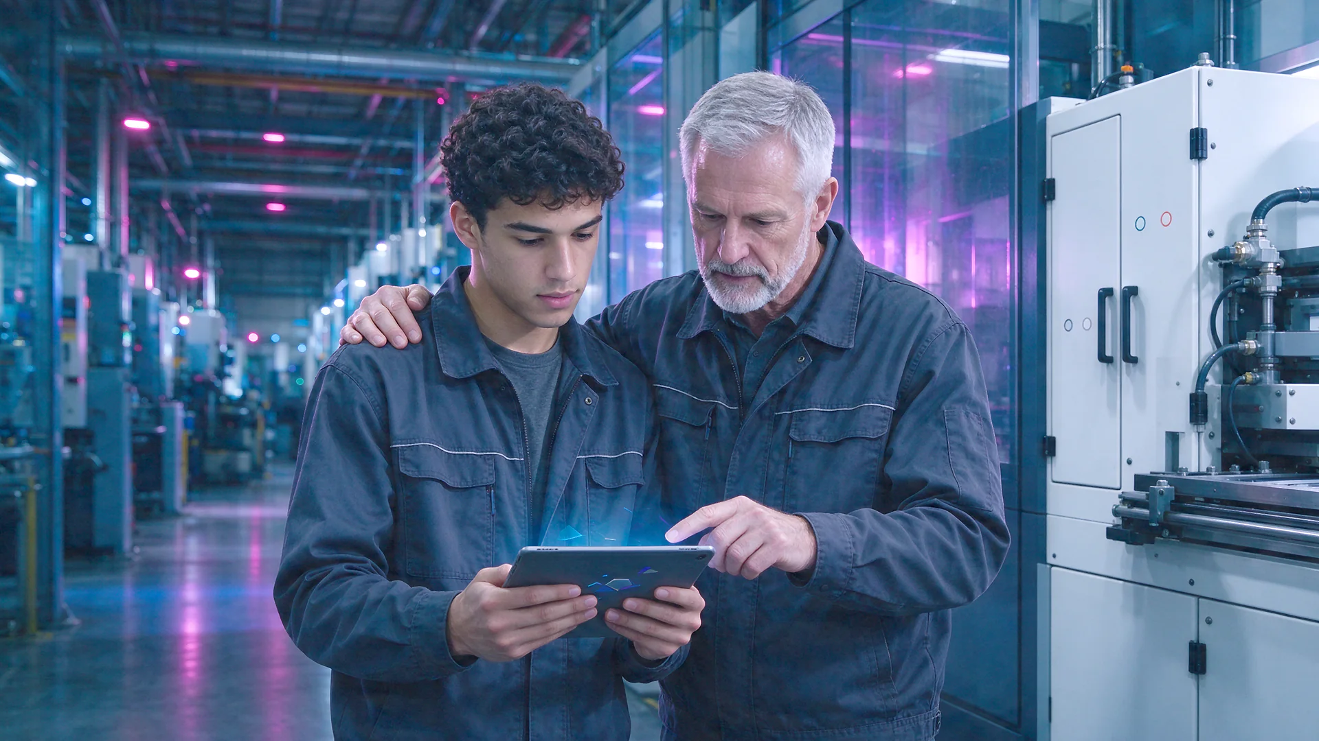 Un jeune alternant et son tuteur consultent une tablette dans un atelier industriel