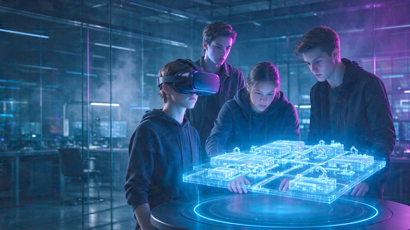 Quatre jeunes apprenants autour d’une maquette holographique d’usine connectée, l’un porte un casque de réalité virtuelle