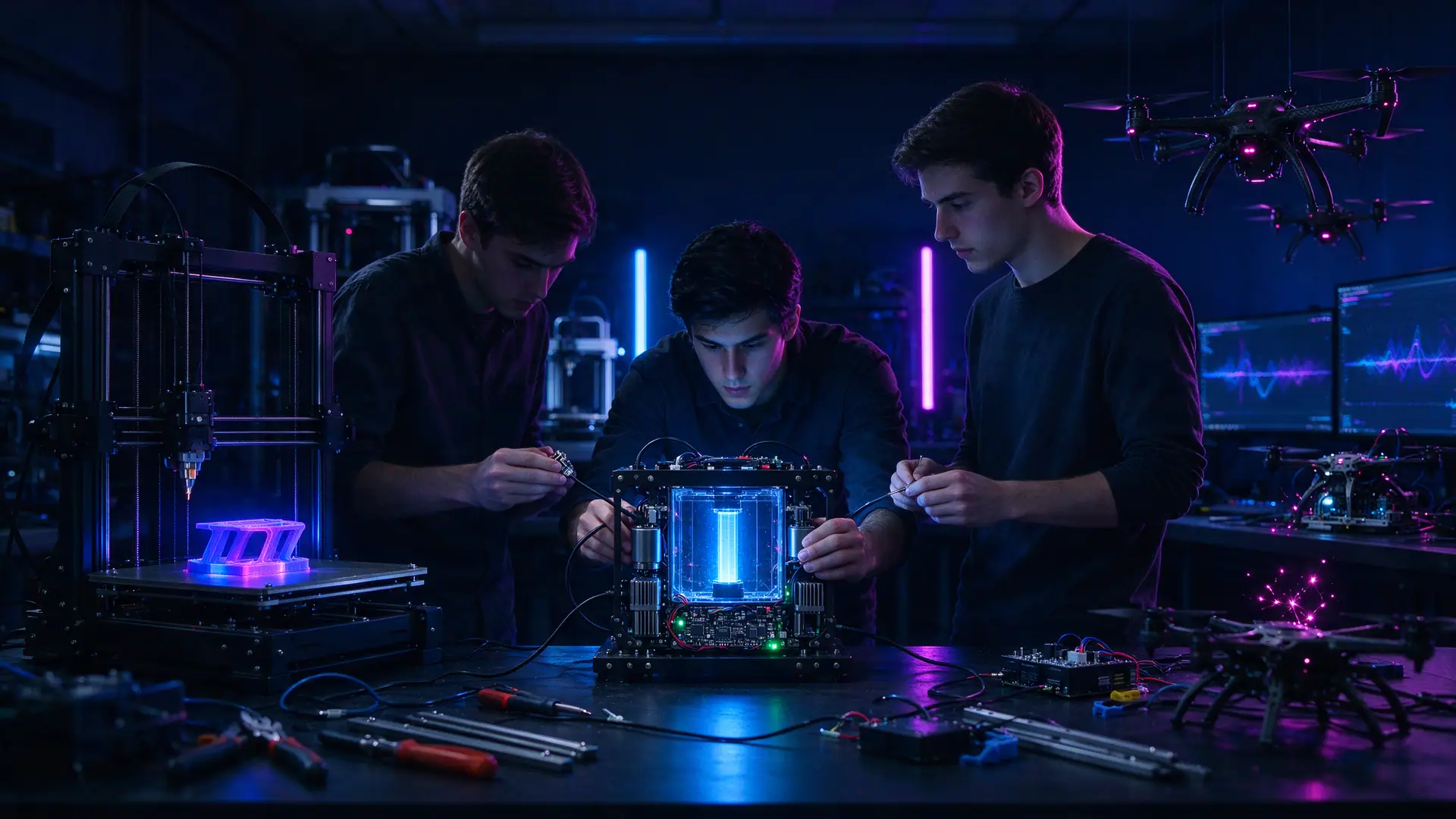 Trois jeunes makers assemblent un prototype électronique dans un laboratoire d’innovation