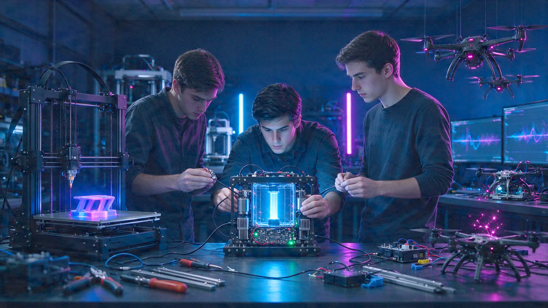 Trois jeunes makers assemblent un prototype électronique dans un laboratoire d’innovation